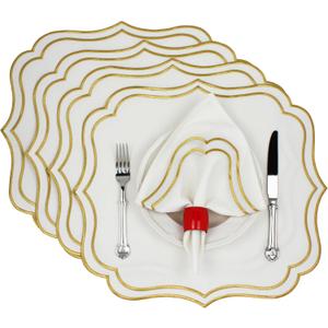 Cotton Linen Placemats Set of 4 - Double Layered, Machine Washable, Wrinkle Resistance, Scalloped & Embroidered Cloth Table Mats - Wedding, Spring mat, Giftable, 19 x 17 inch, Ivory Gold