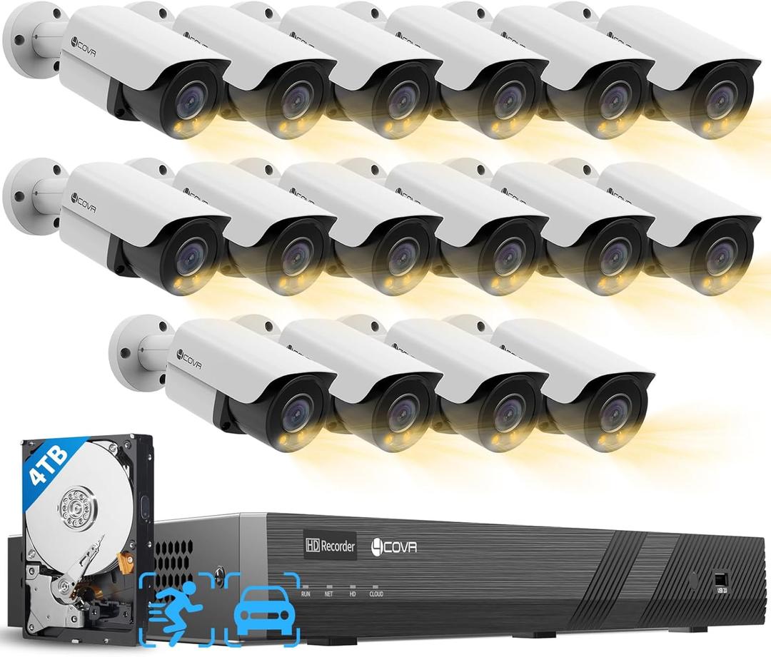 4COVR PoE 16 Channel Security Camera System, 2-Way Talk & Dual Lights Smart Full Color Night Vision, 16x 5MP Business IP67 Bullet IP Camera AI Human Vehicle Detection, 16CH NVR 4TB HDD, LY37YX5M1616