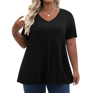 Tencede Womens Plus Size Tops Short Sleeve Tunic Shirts V Neck Summer Floral Loose Fit Blouse XL-5X