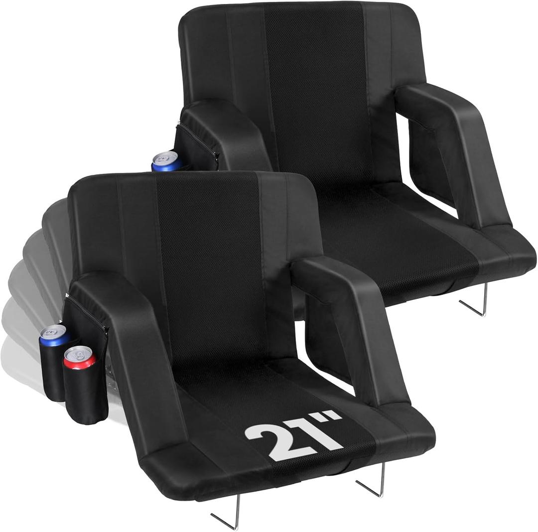 Stadium Seats with Back Support, 2 Pack 3D Mesh Stitching Bleacher Chairs with Back and Cushion, Portable Folding Stadium Seats with Armrests, 6 Reclining Positions Bleacher Seats for Sports Events