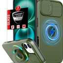 For iPhone 16 Case Magnetic Compatible with MagSafe Wireless Charging,with 2 Screen Protectors,Built-in Kickstand Ring,with Camera Cover Shock-Absorbent Shockproof Heavy Duty Protection Green