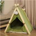 Solid Wood Cat Indoor Tent with Thick Mat,Portable Dog House Dog Teepee Tent, Cute Cat Teepee Cave Cat Bed, Dog Bed (Green)