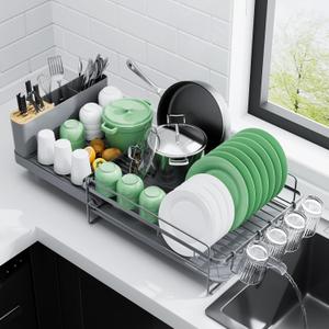 Kitsure Extendable Dish Drying Rack, Large Drying Dish Rack with Cutlery & Cup Holders, Multifunctional Dish Racks for Counter with Drainage, 18.2"-25.7" L x 12.9" W, Grey (Gray)