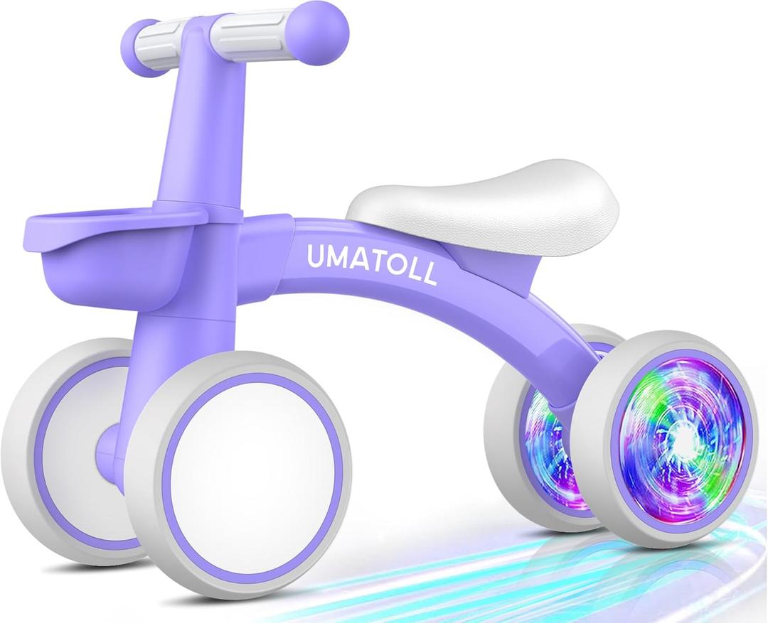 Umatoll Colorful Lighting Baby Balance Bike for 1 Year Old Boys Girls, 12-24 Months Toddler Bike with Basket, Adjustable Seat, First Birthday Gift (Purple)