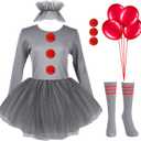 Halloween Clown Costume for Women Tutu Skirt Ruffle Collar Stripes Thin Tube Socks Faux Rabbit Fur Balls Red Latex Balloons (Medium, Grey)