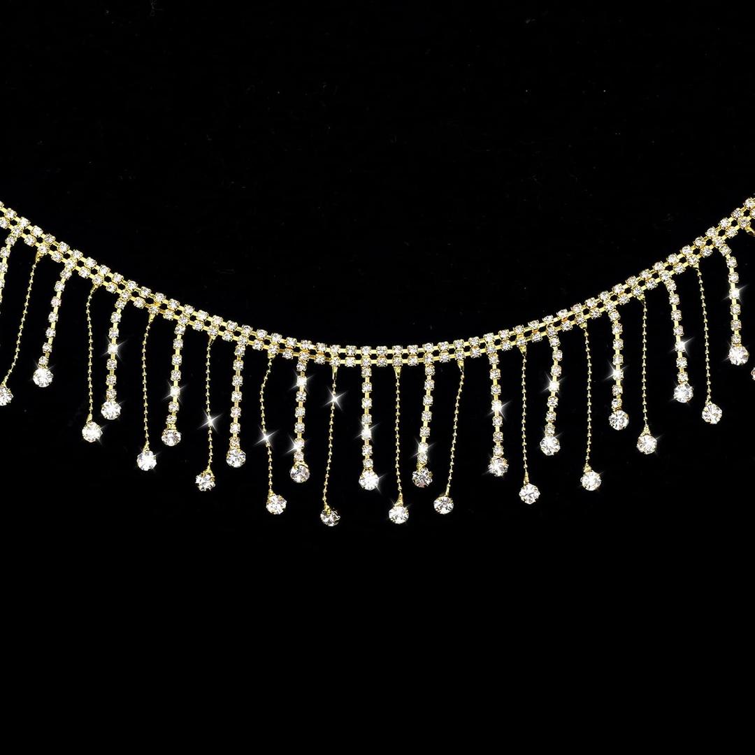 1 Yard Rhinestone Fringe Trim, Gold Rhinestone Tassel Trim, Irregular Diamond Crystal Beaded Fringe for Sewing Clothing Craft Jewelry Personalized DIY Decoration
