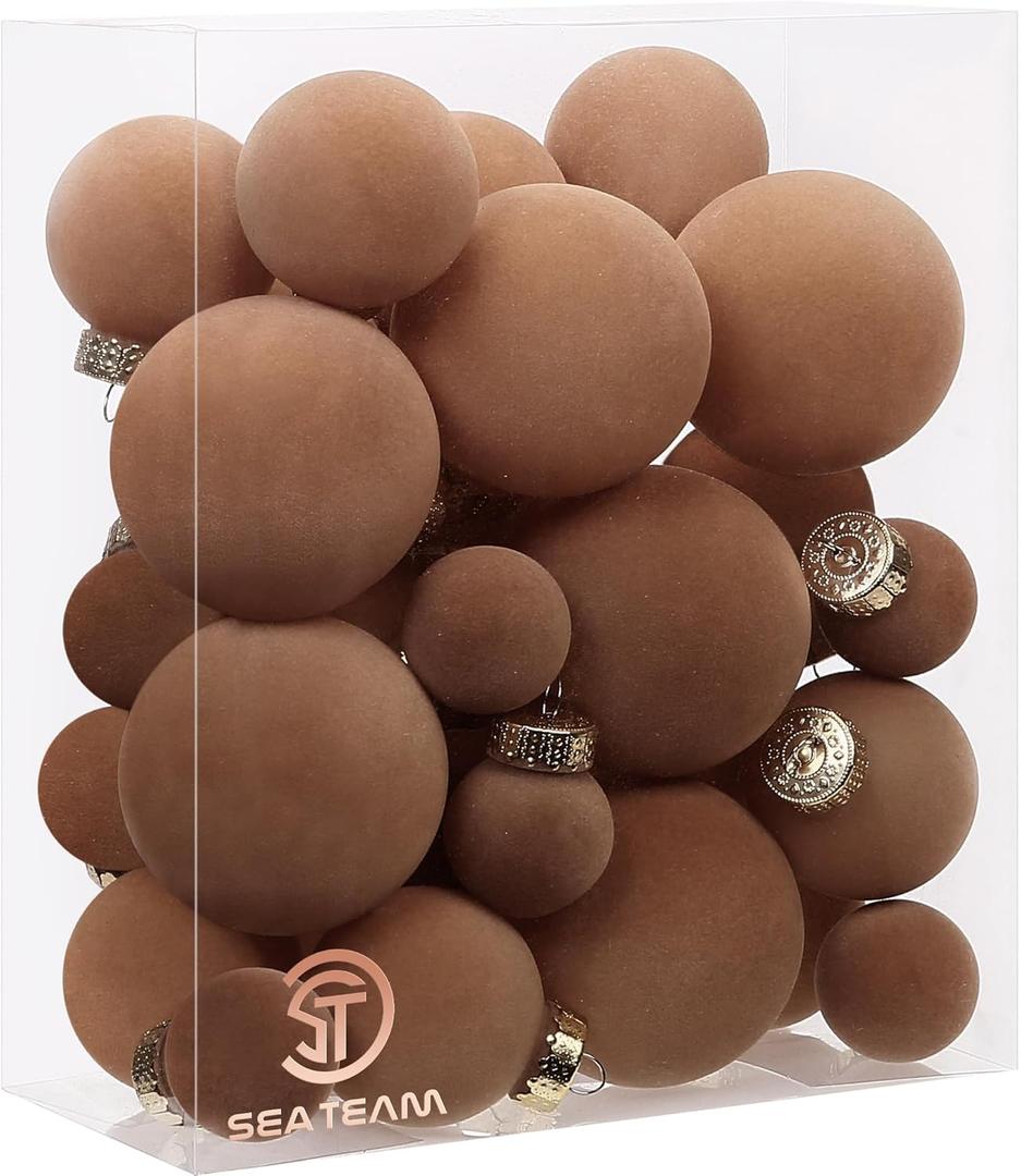 Sea Team 32-Pack Flocked Velvet Christmas Tree Ball Ornaments Set, Decorative Hanging Baubles, Shatterproof Plastic Decorations for Xmas Tree, Wreath, Garland, Multi-Sized, Brown