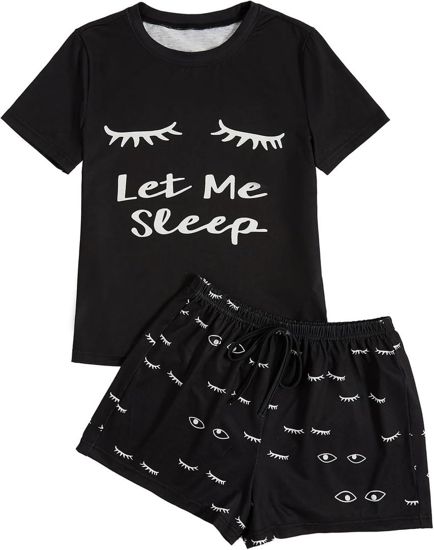 WDIRARA Women's Cute Cartoon Print Closed Eyes Print Tee and Shorts Pajama Set Black M