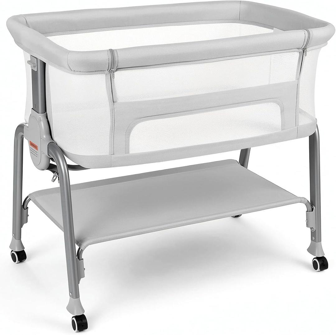 Cowiewie Bassinet Bedside Sleeper, Lightweight Portable Crib, Silver Gray