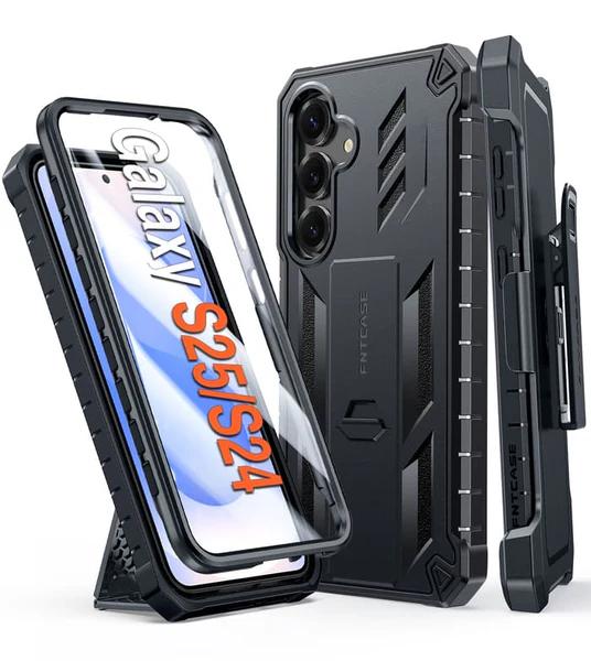 FNTCASE for Samsung Galaxy S25 Case: Military Grade Rugged Cell Phone Cover with Kickstand & Belt Clip Holster | Shockproof TPU Protection Bumper Design for Galaxy S25 Cases 6.2 inch - Black