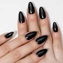 Short Almond Press On Nails, Durable Reusable Glossy Artificial Nails Kit with Adhesive Tabs, 24 Pcs 12 Sizes for Fashion Women, Perfect for for Daily Outfits, Party or Date, Black