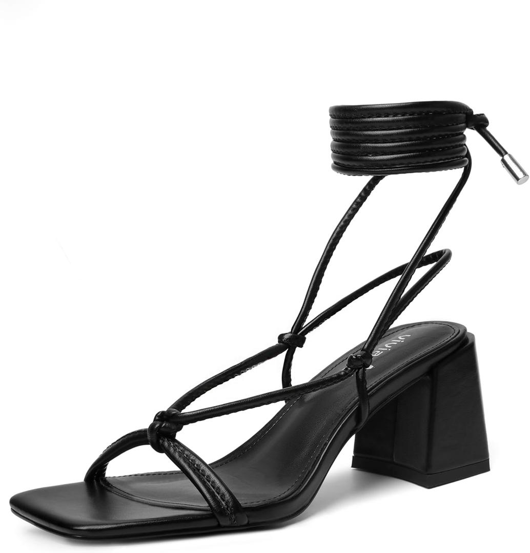 vivianly Women's Lace Up Chunky Heel Sandals Strappy Straps Ankle Wrap Heels (9, Black)