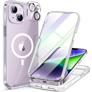 Miracase Glass Series Designed for iPhone 14 Case 6.1 Inch, 2024 Upgrade Full-Body Magnetic Case with Built-in 9H Tempered Glass Screen Protector, with Camera Lens Protector, Magnetic Clear