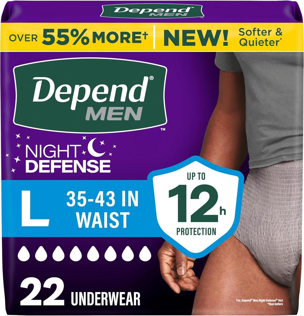 Depend Night Defense Adult Diapers, Incontinence Underwear for Men, Disposable, Overnight, Large, Grey, 22 Count