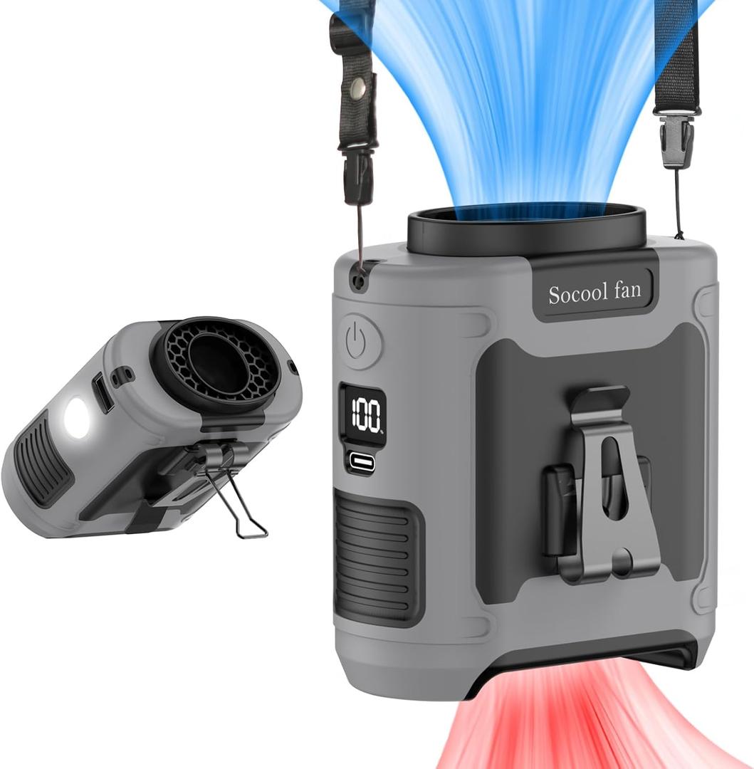 Socool 10000mAh Portable Waist Fan Clip on Wearable Belt Personal Fan Rechargeable Battery operated With 5 Speeds & Flashlight Neck Hands-Free 40H Cooling For Outdoor Camping Travel (Black)