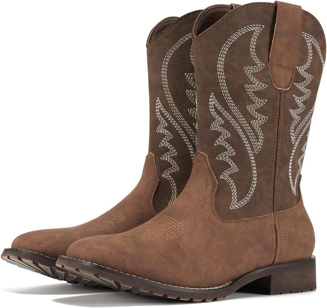 Rollda Cowboy Boots for Men Western Boots Men's Square Toe Chunky Heel Mid-Calf Boots Classic Embroidered Pull On Boots (9.5, Brown/Dark Brown)
