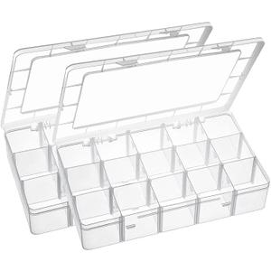 Exptolii 15 Large Grids Plastic Organizer Box with Dividers, 2 Pack Clear Compartment Container Storage for Washi Tapes Beads Crafts Jewelry Fishing Tackles, Size 11 x 6.3 x 2.2 in