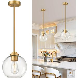 2 Pack 7.2-Inch Globe Pendant Lights, Mid Century Gold Pendant Light Fixtures, Globe Pendant Lights Kitchen Island with Clear Glass Shade Adjustable Hanging Fixture for Dining Room Bulbs not Included