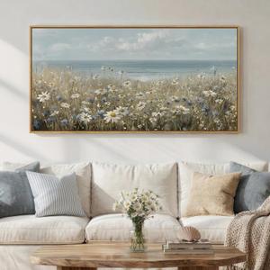 Extra Large Framed Coastal Landscape Wall Art for Living Room, Horizontal Wildflower Seascape Canvas Artwork for Walls, Ocean Scenic Picture Print for Dining Room Bedroom Office Wall Decor, 60x30 Inch