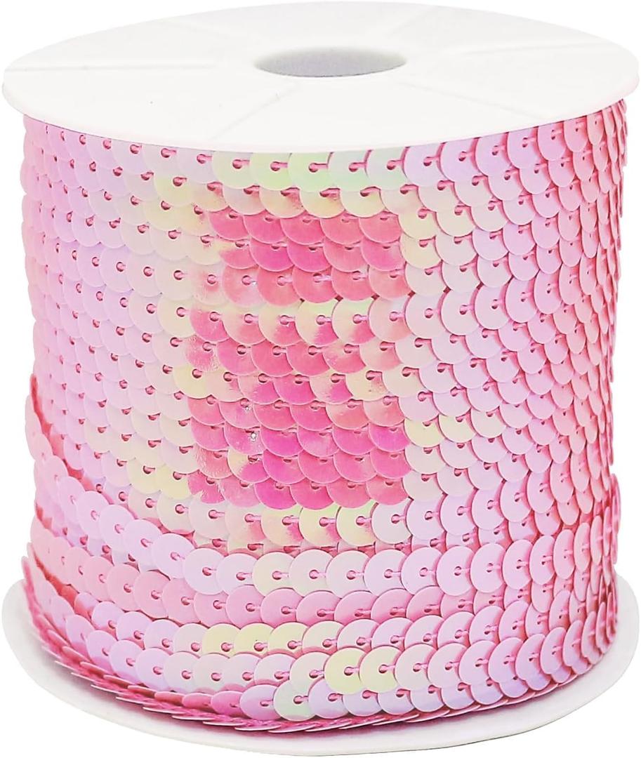 FQTANJU Pink 6mm Crafts Round Flat Sequin Strip Trim on Strings for Crafts, Fringe, and Sewing; 100 Yard Roll