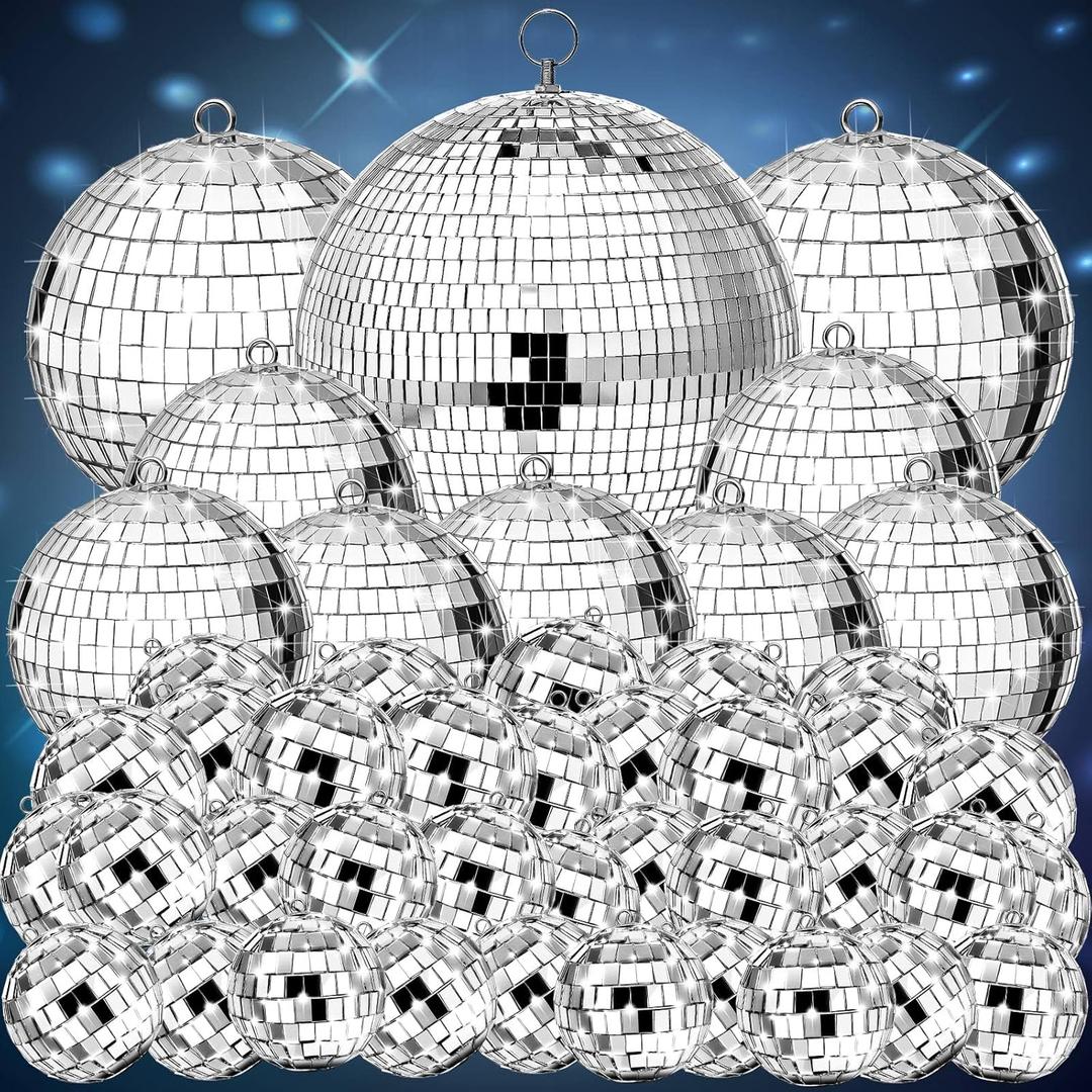 Mirror Disco Balls Bulk Assorted Silver Hanging Disco Ball Decor,  0.8'',1.6'',2.4'',3.2'',4'',8''