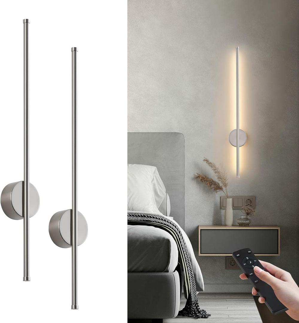 Battery Operated Modern Wall Sconces, Dimmable Wireless Wall Light Set of Two with Remote Control, 3 Color Temperatures, Rechargeable LED Wall Sconce for Bedroom, Living Room,Hallway, 27.6 Inch Nickel