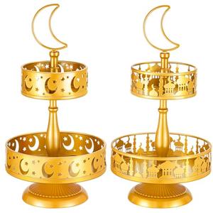 Sunnychicc 2pcs 2 Tiered Ramadan Serving Trays Decorations for Home -2 Styles Eid Mubarak Metal Platters Table Decor Gifts, Golden Cake Holder, Islam Muslim Al-fitr Iftar Party Food Display Dishes
