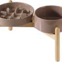 Ceramic 1.2 Cup Raised Slow Feeder Dog Bowl Set, Elevated 6.1inch Bowl and 7.3inch Slow Pet Food Dish with Wooden Stand for Small and Medium Dog (2 x Brown Coffee+ Stand)