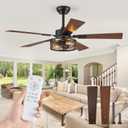 Farmhouse Ceiling Fans with Light, 48 Inch Bedroom Ceiling Fan with Lights, 6-Speed Adjustable, Quiet and Reversible DC Motor, Dual Finish 5 Blades, Rustic Caged Ceiling Fan for Living Room (Black and Walnut)
