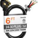 6 ft 4 Prong Dryer Cord, 30Amp 10 Gauge Dryer Power Cord Replacement,Pure Copper 4-Wire Extension Cord with NEMA 14-30P Plug and O-Ring Terminals, 250V 7500W, ETL Listed, Black STW