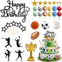 Knana 34Pcs Sports Cake Toppers with Baseball Soccer Basketball Football for Sports Theme Birthday Party Decorations