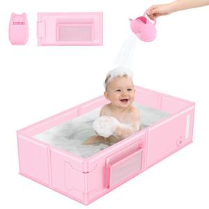 Baby Bathtub, Portable Bathtub with Cat-Patterned Bath Rinse Cup,Foldable Bath Tub for Small Bathroom,Toddler Tub for 6M-5Y,Baby Travel Essentials for Hotel,Camping & Beach (Pink)