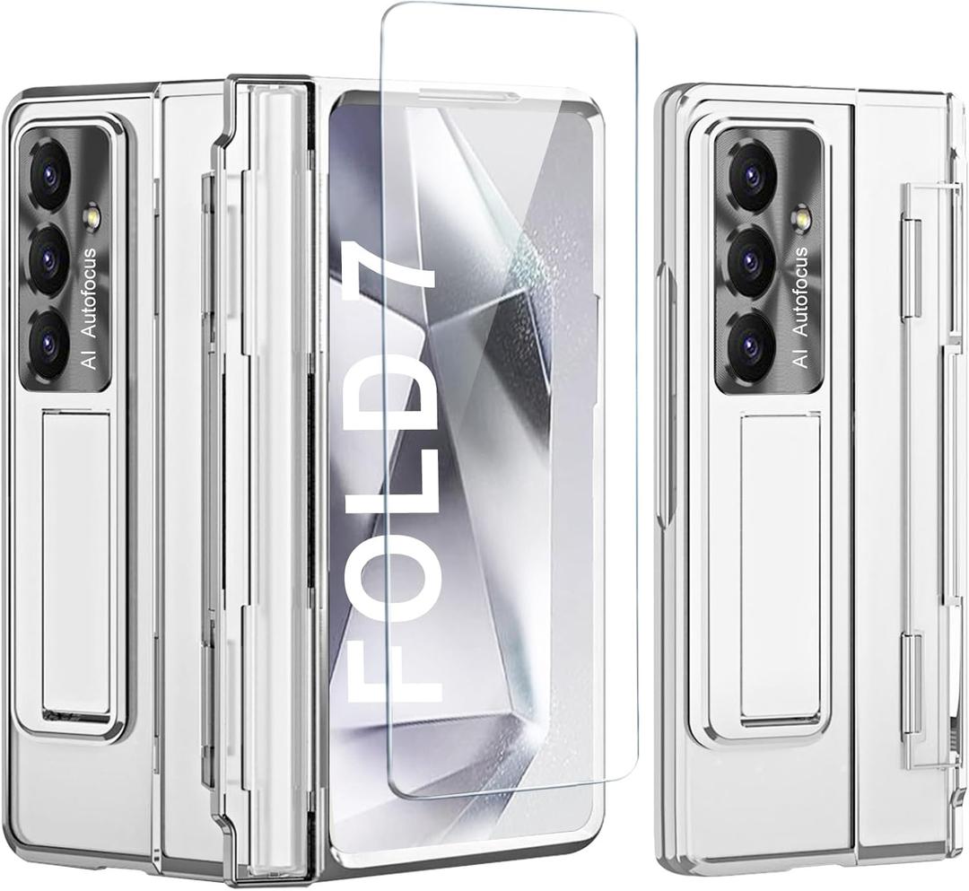 for Samsung Galaxy Z Fold 7 Clear Case Hinge Protection with Screen Protector & Kickstand Plating Transparent Full Body Cover for Galaxy Z Fold 7 (Full Clear)