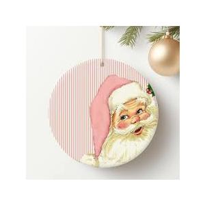 HUGANE Vintage Funny Christmas Pink Santa Round Wall Art Decor, Pink and White Stripe Xmas Santa Claus Hanging Canvas Framed Prints Wall Sculptures for Home Bedroom Living Room Decor, 10x10 Inch