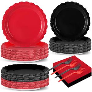 Gisgfim 200Pcs Red and Black Plates and Napkins Set Party Supplies Black Red Birthday Scalloped Carnival Disposable Tableware Dinnerware for Wedding Fiesta Halloween Birthday Table Decor 50 Guests
