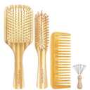 Bamboo Hair Brush Comb Set for Women Men, Wood Bristle Paddle Detangling Brush, Wide Tooth Comb for Curly Wavy Thick Thin Wet Dry Hair, Brush Cleaning Tool Included - 4 Pack