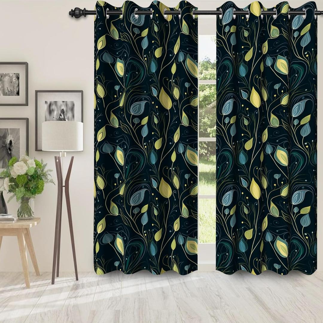 Yellow Teal Leaves Blackout Curtains for Bedroom/Living Room,2 Panels Sets Window Curtain,Blue Cyan Plant Leaves Botanical Thermal Insulated Printed Curtains with Grommet,42" Wx84 L