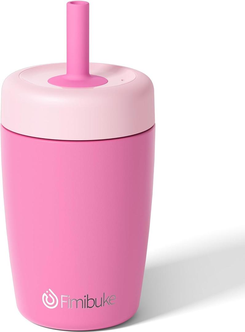 Fimibuke Kids & Toddler Cups Spill Proof, 12 OZ Insulated Sippy Cups for Toddlers Boys Girls, BPA-Free Toddler Straw Tumbler, Stainless Steel Kids Water Bottle with Twist Lids & Silicone Straw (Pink)