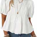 ZESICA Women's 2026 Fall Babydoll Peplum Tops V Neck Puff 3/4 Length Sleeve Shirts Dressy Casual Blouses,White,Medium
