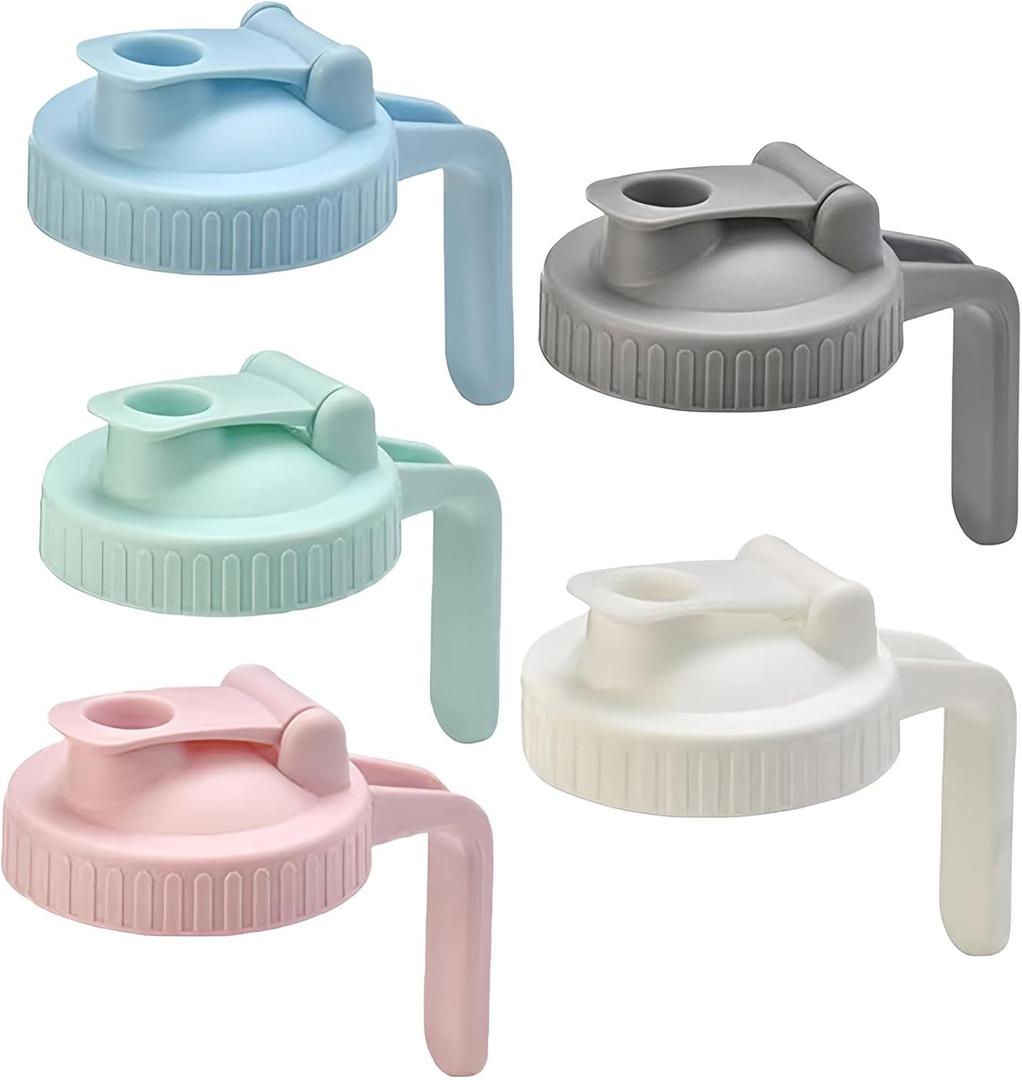 5 Pack Wide Mouth Mason Jar Pitchers, Leak-proof Flip-top Drinking Lids fits Wide-mouth Mason Jars, Cold & Hot Drink Mason Jar Lids with Handle  Anti-slip & Dishwasher Safe