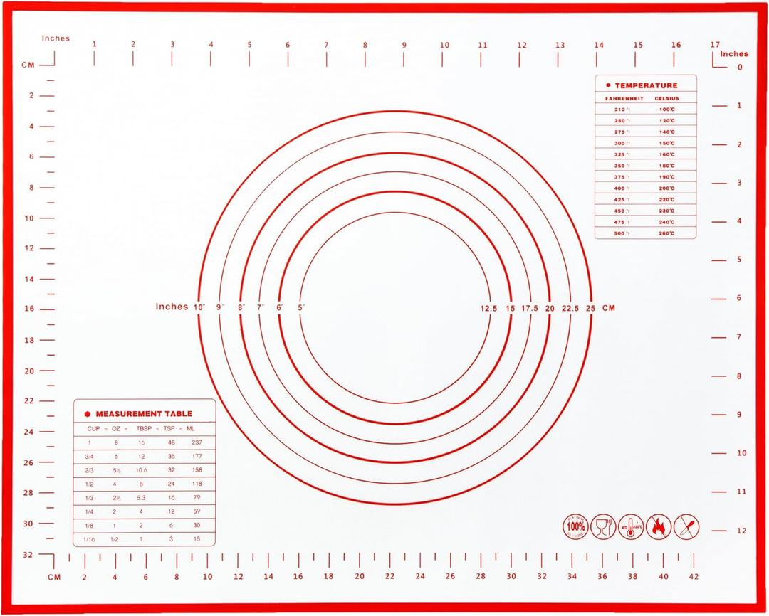 Non Slip Silicone Pastry Mat with Measurements Nonstick, 16 x 20 Inch Thick Baking Mat for Rolling out Dough Red Food Grade Silicone Baking Mats for Cookie, Cake, Pizza