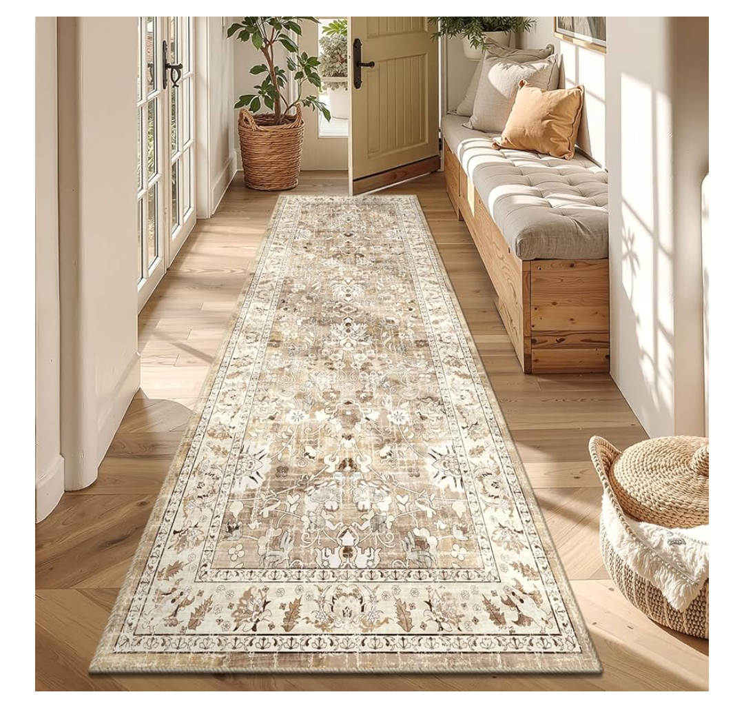 LOKHOM Washable Runner Rug, 2x8 Non-Slip Vintage Hallway Runner Rug with Rubber Backing, Boho Floral Soft Faux Wool Kitchen Rug Carpet Runner for Laundry Entryway Bedroom (Beige Brown)