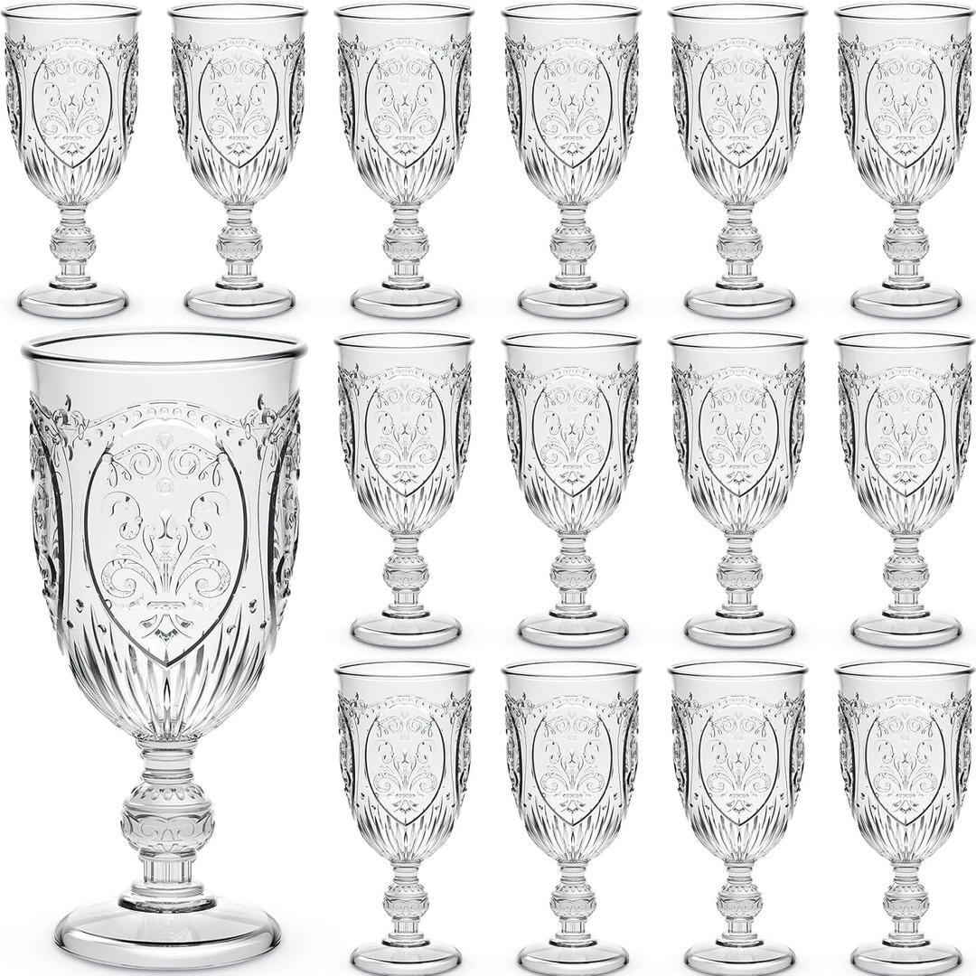 Wiwiqing 24 Pcs Plastic Goblets 7.5oz Vintage Goblet Plastic Wine Glasses Colored Retro Embossed Water Goblets for Wine Bar Juice Baby Shower Wedding Reception Grand Event Party (Clear)