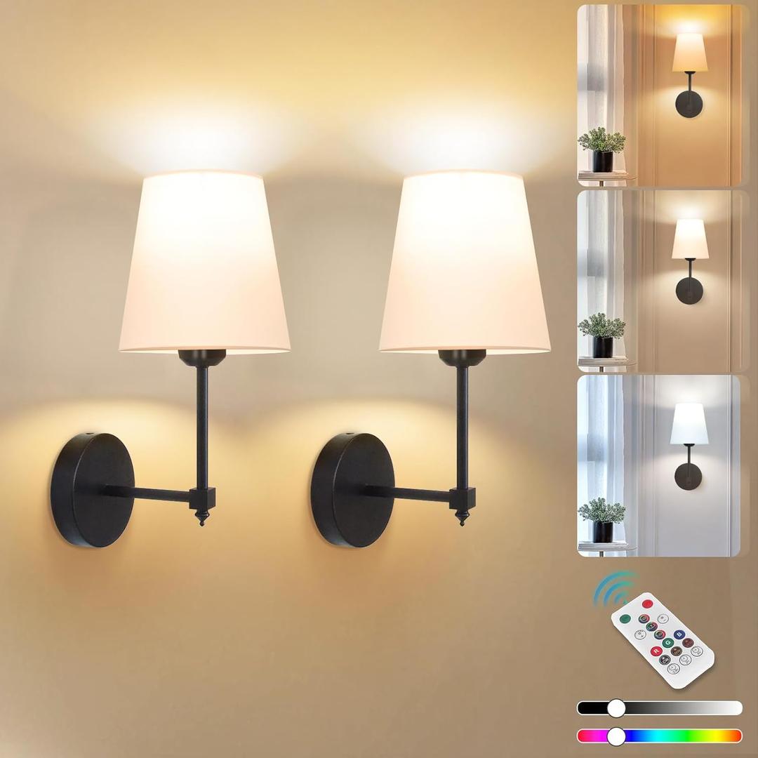 Adetu Battery Operated Wall Sconce Set of 2, 5CCT Black Rechargeable Wall Lights with Remote, 10 RGB Colors Dimmable Wireless Battery Powered Wall Sconce Wall Lamp for Bedroom Living Room Wall Decor (13.8 inch)