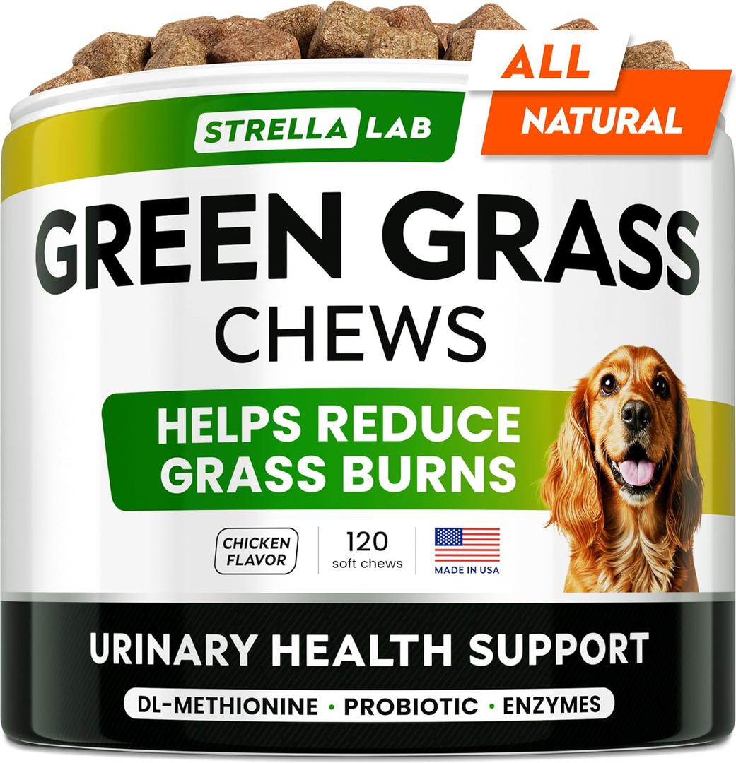 STRELLALAB Dog Pee Grass Helper - Dog Urine Neutralizer for Grass Burn Spots - Grass Treatment for Dog Urine - Dog Pee Lawn Repair Treats with Probiotics - Made in USA - 120 Chews