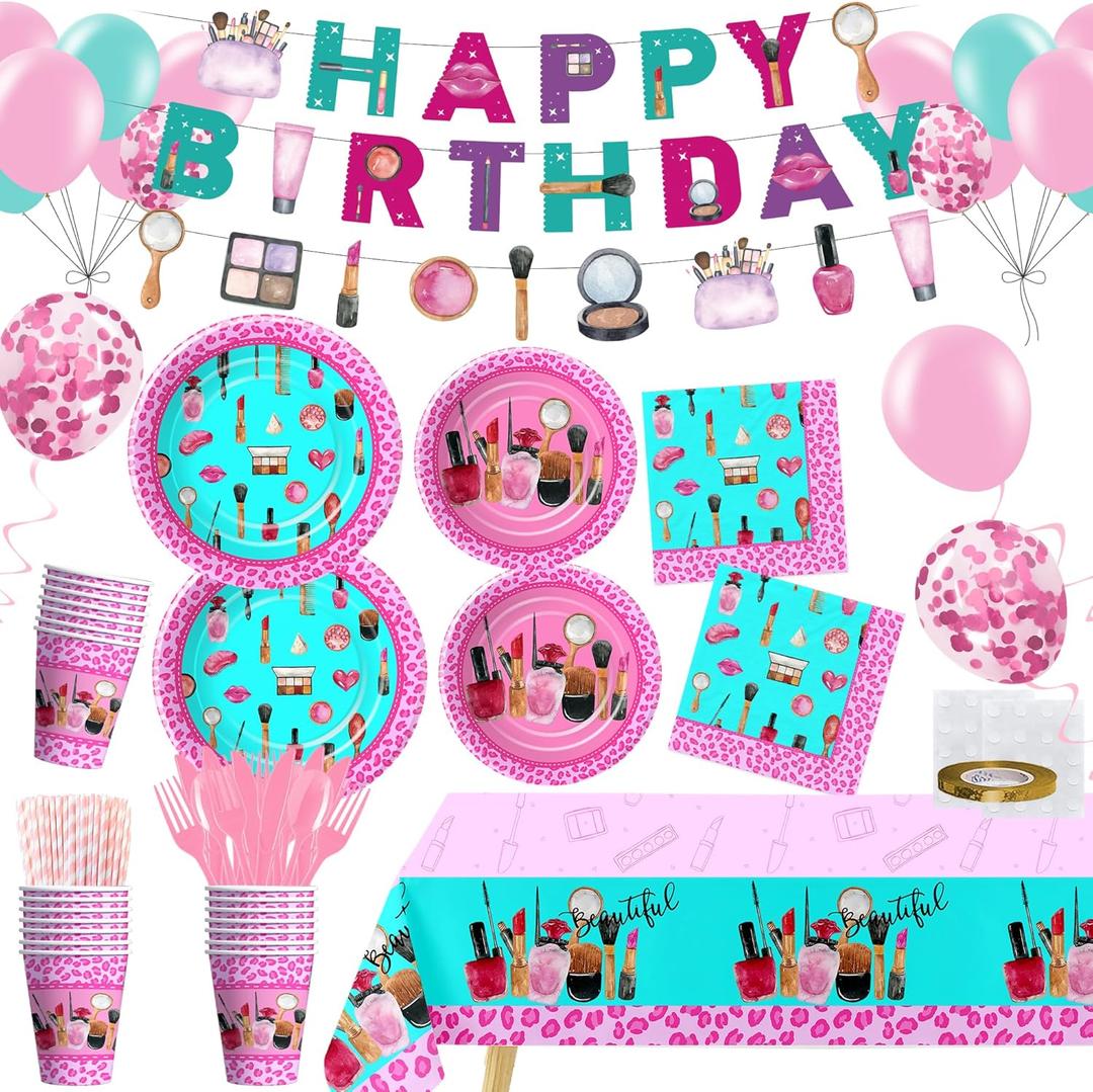 Makeup Spa Birthday Party Supplies For Girls, Spa Day Makeup Party Decorations, Paper Plate, Cup, Napkin, Disposable Cutlery, Garland Banner, Tablecloth, Balloon, Serves 24
