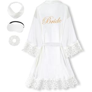 EPLAZA Bride Robe for Wedding Day Set Bridal Robe Lace Trim Silky Embroidery Satin Kimono for Bridal Party (Large-X-Large, White)