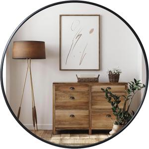 Growsun Black Round Mirror 24 inch, Wall Mounted Circle Mirror, Metal Framed Mirror for Bathroom Vanity, Bedroom Home Decor Mirrors