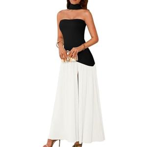 ChiaoLezhee Women's Maxi Tube Dress with Scarf Drop Waist Slit Formal Cocktail Party Wedding Guest Prom Gown, Flowy Elegant A Line Strapless Asymmetrical Summer Going Out, Black and White, Small