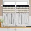 FRAMICS Farmhouse Linen Kitchen Curtains 36 Inch Length Black Striped Short Curtain for Windows Boho Crochet Small Window Curtains for Kitchen Rod Pocket Tier Curtain for Bathroom, Cafe, 2 Panels